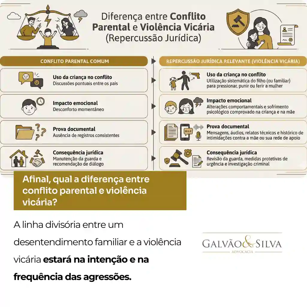 Infográfico comparativo mostrando as diferenças práticas e jurídicas entre um conflito parental comum e casos de violência vicária